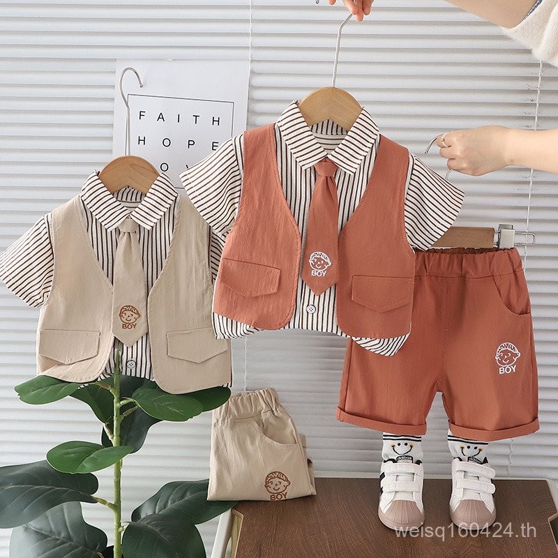 [พร้อมส่ง] ชุดฤดูร้อนเด็กผู้ชายปลอมสามชิ้นเสื้อกั๊กผูกใหม่สไตล์ตะวันตกเด็กฤดูร้อนแขนสั้นสองชิ้นสไตล์อินเทรนด์