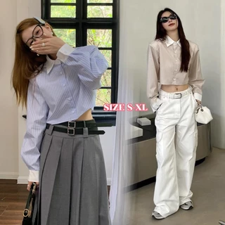 MIMI&DIDI#เสื้อครอปลายทางสีตัดกันแขนยาวสไตล์ฝรั่งเศส ปกคอโปโล เสื้อเชิ้ตแฟชั่นหวานๆทรงหลวมกระดุมแถวเดียว ผู้หญิง#W555
