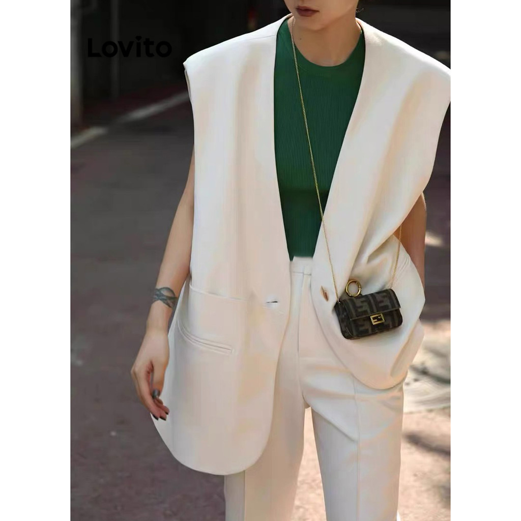 Lovito เบลเซอร์ผู้หญิง เสริมไหล่ สีพื้น สไตล์ลำลอง LNA68368