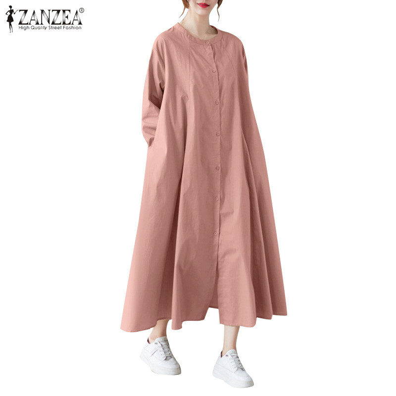 ZANZEA ซานเซีย ผู้หญิงเกาหลีลําลองคอกลมแขนยาวกระเป๋าจีบชุดชิ้นเดียว