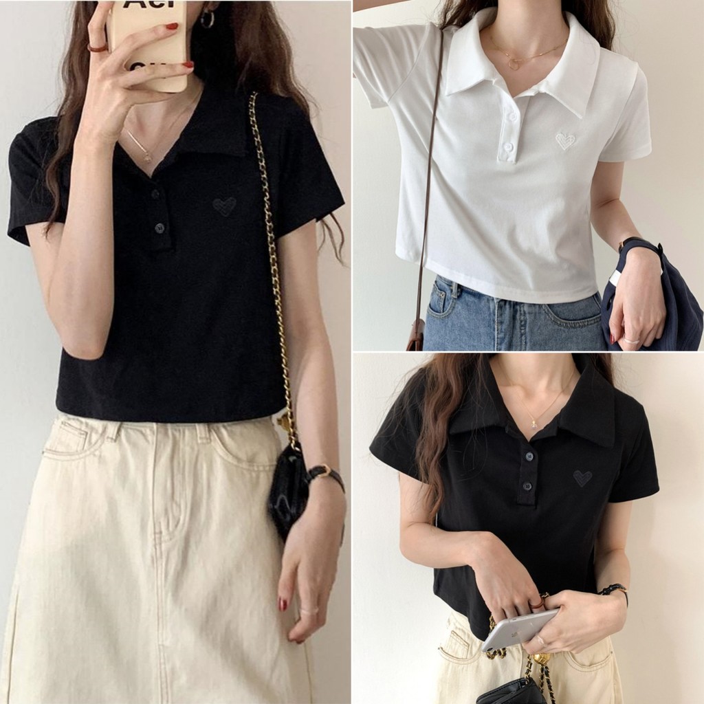 Hotgirl พร้อมส่ง เสื้อยืดโปโล เสื้อยืดครอป เหมาะกับสาวฮอต ด้วยปุ่ม การตกแต่งลวดลายความรัก สไตล์เกาหลี