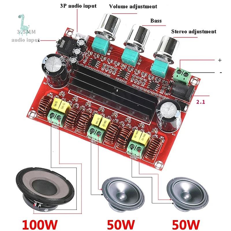 Vonluxem TPA3116D2 ช่อง 2.1 ซับวูฟเฟอร์ดิจิตอลเครื่องขยายเสียงโมดูล XH-M139 12V - 24V 2*50W + 100W HiFi เครื่องขยายเสียง TH