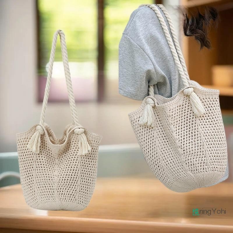 AringYohi] กระเป๋าสะพายสตรีลําลองถักสุภาพสตรี Handmade Totes ความจุขนาดใหญ่ฤดูร้อน Hollow ใหม่