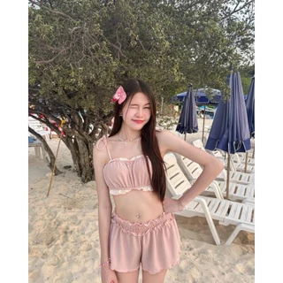 ชุดว่ายน้ำแฟชั่น พร้อมแผ่นรองหน้าอก ทูพีช shorts น่ารัก สีลูกกวาด ผูกโบว์ลูกไม้ ชุดไปทะเล