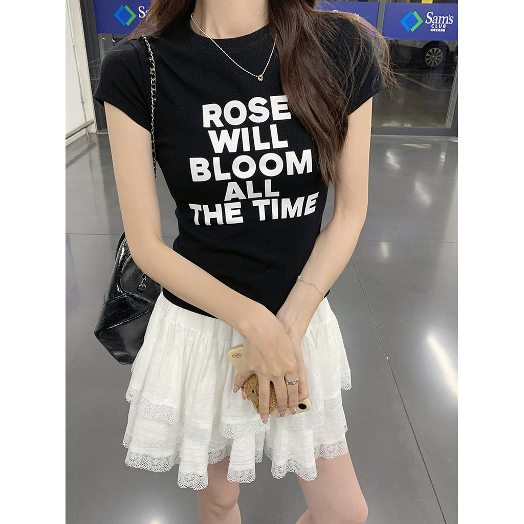 เสื้อยืดเข้ารูป สไตล์เกาหลี ผ้ายืดยูนิ สกรีนลายเต็ม  ทรงสวย สาวอวบใส่ได้ ผ้าใส่สบาย รุ่น เข้ารูปRose will