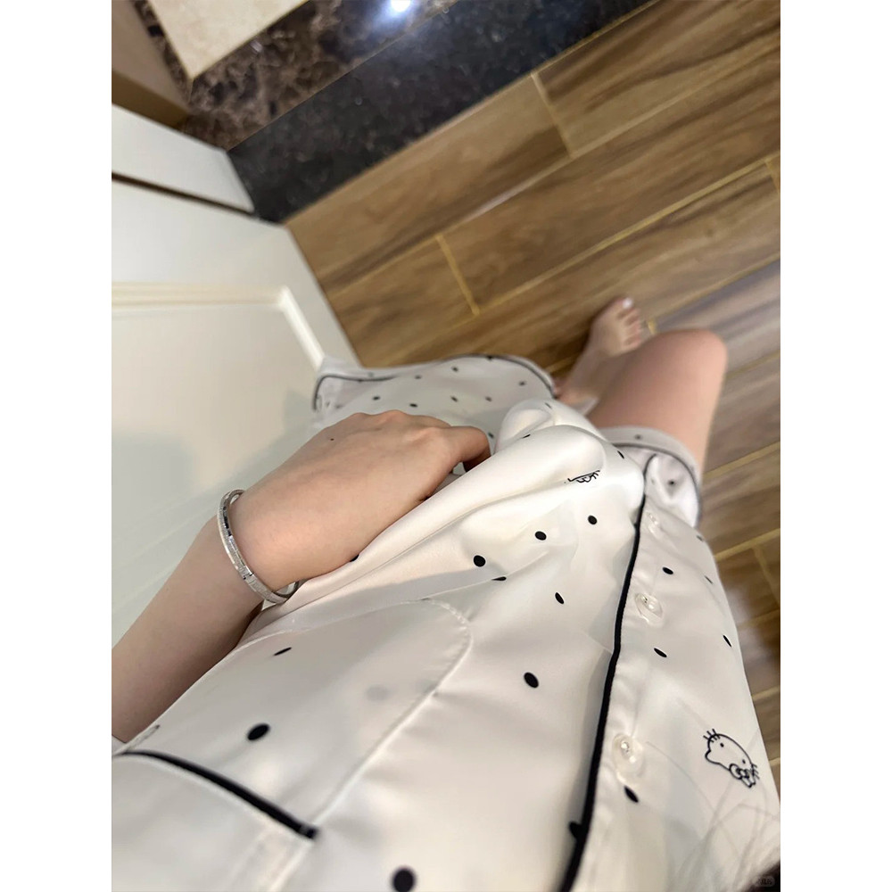 ชุดนอนผ้าไหมน้ำแข็งลายจุดสำหรับผู้หญิง พร้อมกางเกงขาสั้นและเสื้อแขนสั้น สไตล์Loungewearคุณภาพสูง - รูปที่ 2