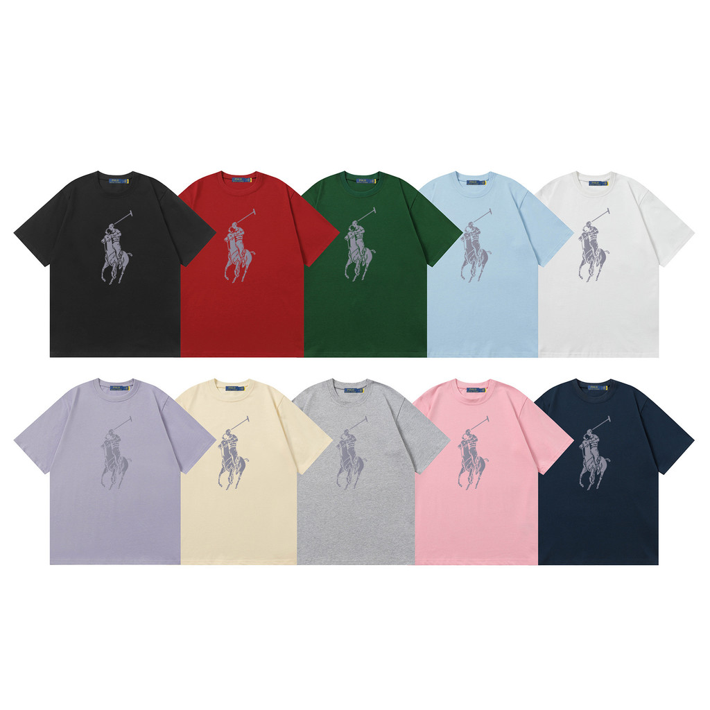 Ralph Lauren Pony Label คอกลมลําลองสีทึบ All-Match Pony ปักเสื้อยืดแขนสั้นผู้ชายผู้หญิง ius