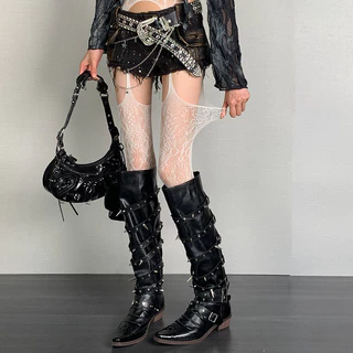 Lolita สาวหวาน Punk สไตล์ดอกไม้ Tights สีสัน สูงต้นขา Sheer FishnetSuspender กางเกงในเข็มขัด