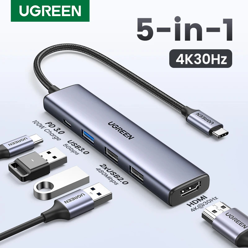 UGREEN 5 in 1 USB C Hub 4K HDMI USB HUB 100W Multiport Adapter สําหรับ MacBook Pro/Air, iPad Pro, iM