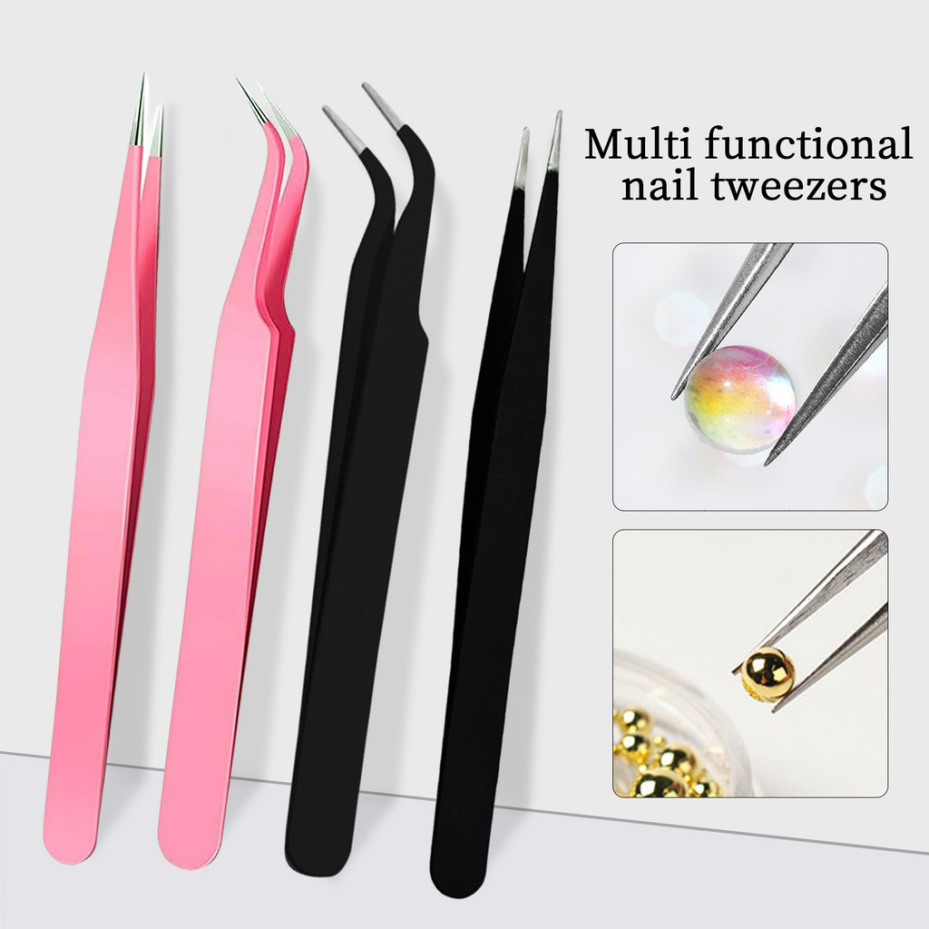 Nail Art แหนบสแตนเลส สีดํา/ชมพู Elbow Nail Art Grafted Eyelash แหนบตรง