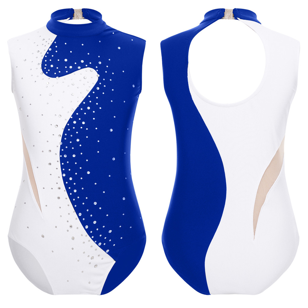 Yeahdor เด็กสาวบล็อกสี Patchwork Dance Leotard ประกาย Rhinestones Keyhole กลับชุดบอดี้สูทแขนกุดสําหรับสเก็ต Rhythm ยิมนาสติก