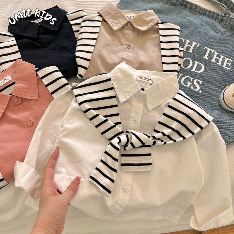 UMII KIDS เสื้อเชิ้ตผ้าคลุมไหล่แขนยาวแฟชั่นสําหรับเด็กเสื้อเชิ้ตสองชิ้นปลอมปกสบาย ๆ