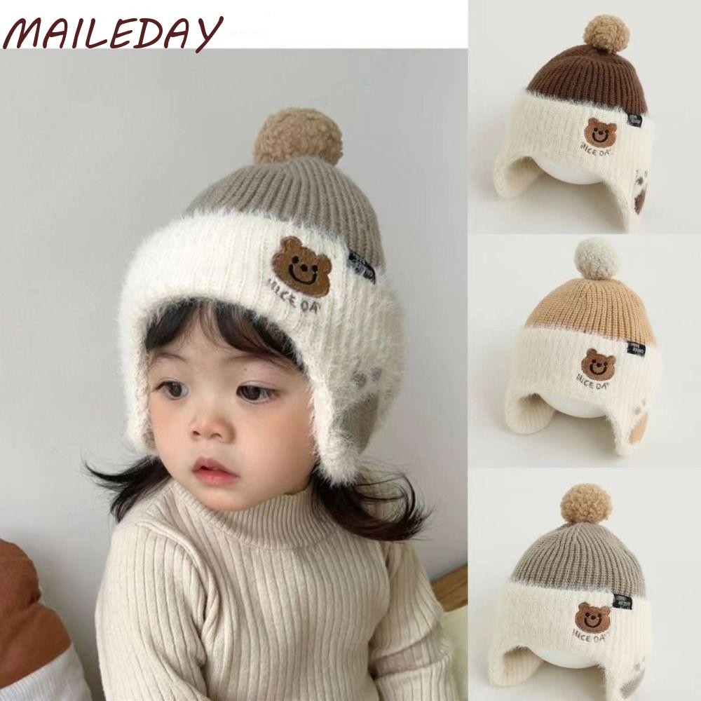 หมวกป้องกันหู MAILE ผ้าวูลนุ่ม ​​หมวกอุ่นเด็ก,หมวกถักทําด้วยผ้าขนสัตว์ที่อบอุ่นในฤดูหนาวเด็กวัยหัดเดิน