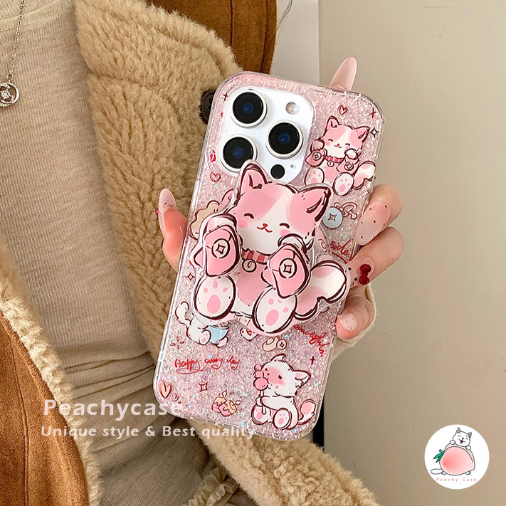 น่ารักหมุนได้สีแดง Rnvelope Cat Holder Stand Glitter เคสโทรศัพท์สําหรับ iPhone 16 15 14 13 Pro Max 16promax IMD กันกระแทกไร้สายชาร์จปกหลัง Shell