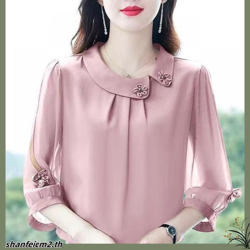 เสื้อเชิ้ตแขนสามส่วน ผ้าชีฟอง สีพื้น เข้ากับทุกการแต่งกาย แฟชั่นฤดูร้อน สําหรับคุณแม่วัยกลางคน