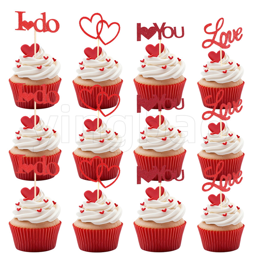 10ชิ้นวันวาเลนไทน์รักคัพเค้กท็อปเปอร์ที่มีแววหัวใจจดหมายรักหวานคัพเค้กหยิบแต่งงานหมั้นเจ้าสาวอาบน้ํางานเลี้ยงวันเกิดตกแต่งเค้ก