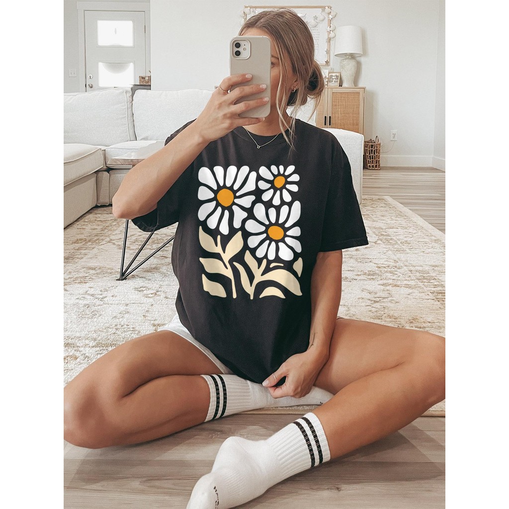 Papaya เสื้อยืด Oversize ลาย "Daisy Flowers" สไตล์ลำลอง ใส่ได้ทุกโอกาส คอตตอน 100% WS1316 ผู้หญิง Wo