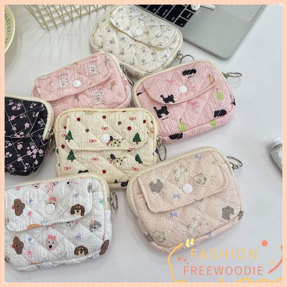 กระเป๋าใส่เหรียญ FREEWOODIE, ที่ใส่บัตรประจําตัวผ้านวมกระเป๋าใส่เหรียญกุญแจลายดอกไม้การ์ตูน, กระเป๋าเก็บผ้านวมน่ารักมัลติฟังก์ชั่นแบบพกพา