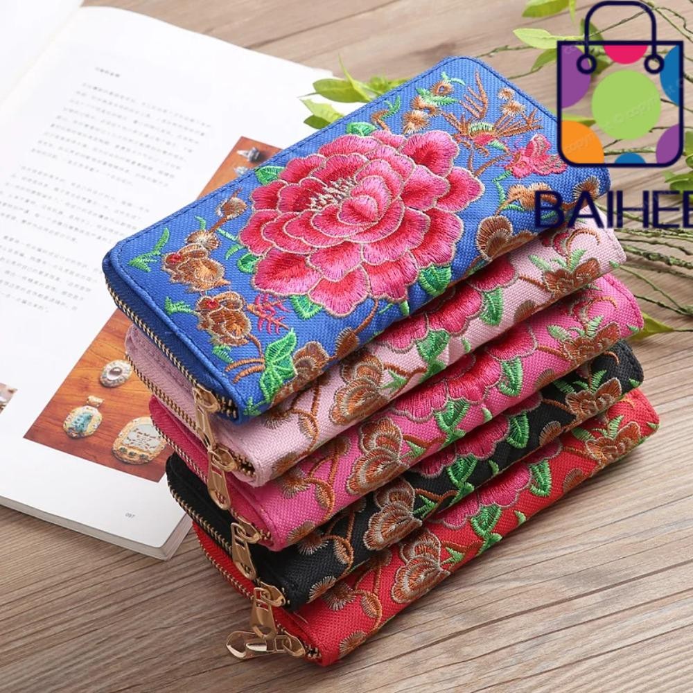 Baihee กระเป๋าสตางค์ กระเป๋าใส่เหรียญ มีซิป ปักลายดอกกุหลาบ ความจุขนาดใหญ่ สไตล์ชนเผ่า เรโทร สําหรับผู้หญิง