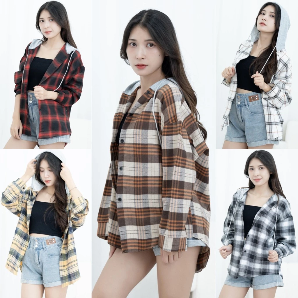 ccute พร้อมส่ง เสื้อแขนยาว ฮู้ด ลายสก๊อต ฟรีไซส์ เชือกรูด กันแดด สไตล์เกาหลี