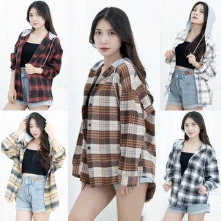 ccute พร้อมส่ง เสื้อแขนยาว ฮู้ด ลายสก๊อต ฟรีไซส์ เชือกรูด กันแดด สไตล์เกาหลี