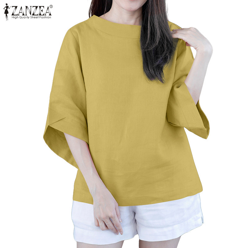 ZANZEA ซานเซีย ผู้หญิงเกาหลีลําลองรอบคอ 3/4 แขนหลวมเสื้อวันหยุด