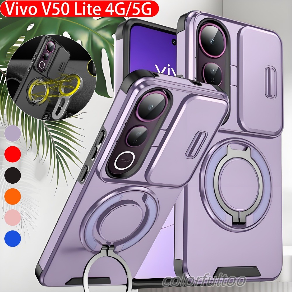 เกราะปลอกกันกระแทกสําหรับ Vivo V50 Lite V 50Lite V50Lite 4G 5G 2025 สไลด์หน้าต่างกล้องปกป้อง Hard PC กันชนฝาหลังแหวนแม่เหล็กผู้ถือรถเคสโทรศัพท์เชลล์