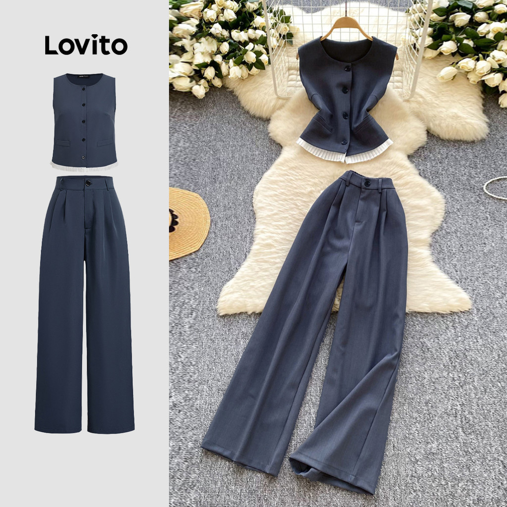 Lovito เซ็ตกางเกงลำลองแบบสีบล็อกพร้อมขอบผ้าอ้อมสำหรับฤดูใบไม้ผลิ/ฤดูร้อน กางเกงสีเทาเข้มสำหรับผู้หญิง LB135LD474