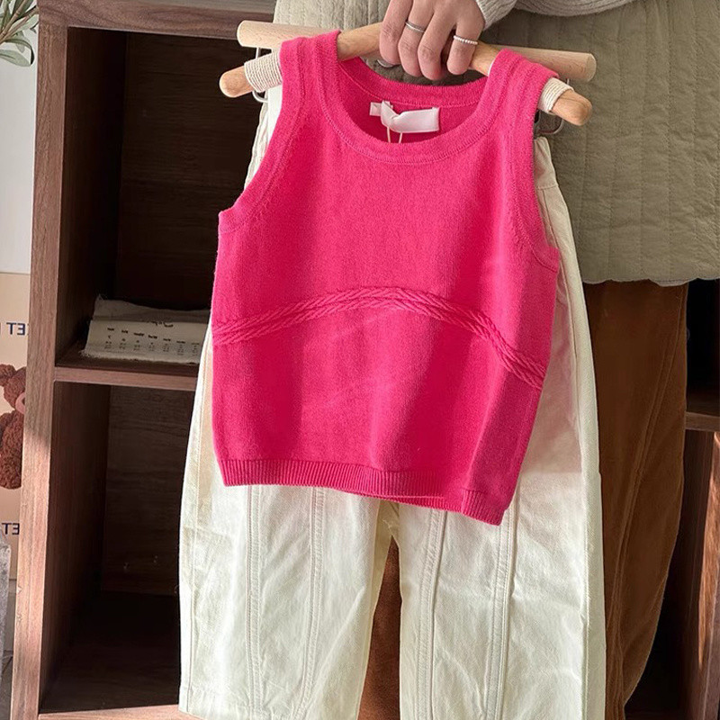 ฤดูร้อนสไตล์ใหม่สาวชุดแฟชั่นทารกสบายๆสีทึบเด็กเกาหลีรุ่นเสื้อกั๊กกางเกงชุดสองชิ้น