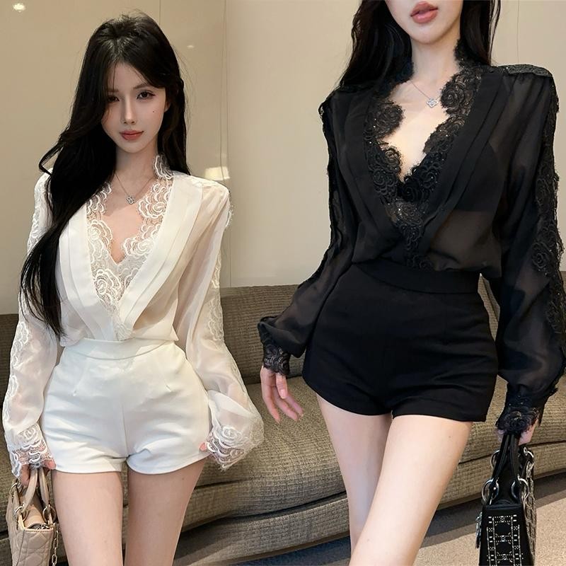 เสื้อเชิ้ตแขนยาวผู้หญิง เสื้อเชิ้ตคอวีผ้าลูกไม้ลายดอกกุหลาบ Pure Desire ระดับไฮเอนด์สำหรับผู้หญิงในฤดูใบไม้ผลิ#99099