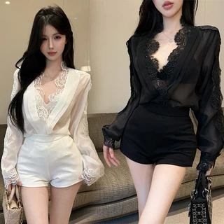 เสื้อเชิ้ตแขนยาวผู้หญิง เสื้อเชิ้ตคอวีผ้าลูกไม้ลายดอกกุหลาบ Pure Desire ระดับไฮเอนด์สำหรับผู้หญิงในฤดูใบไม้ผลิ#99099