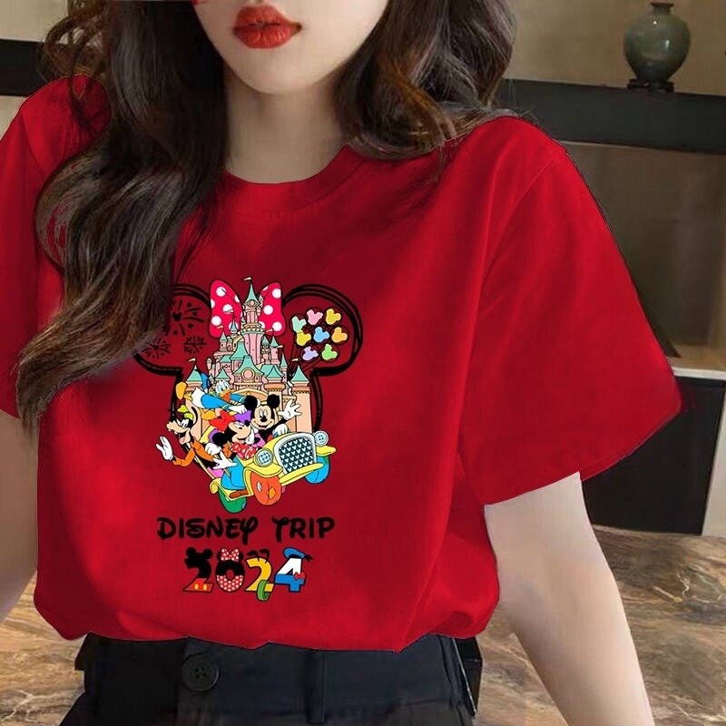 ปีใหม่เสื้อแดงผู้ชายและผู้หญิงเสื้อปีใหม่เสื้อขนาดใหญ่ปี 2025 เสื้อยืดหลวมคอกลมมิกกี้เมาส์พิมพ์