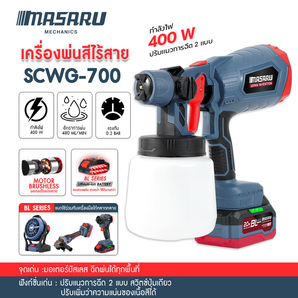 MASARU SCWG-700 เครื่องพ่นสีไร้สาย 20V กาพ่นสีไร้สาย แบตเตอรี่ ทาสีบ้าน น้ำหนักเบา