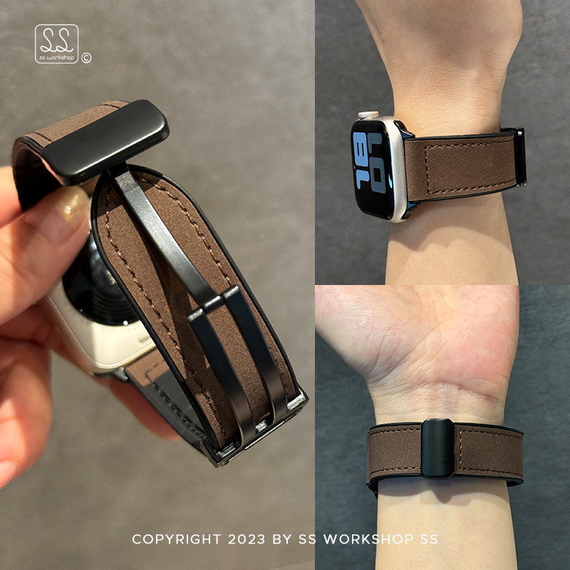 Retro หนังซิลิโคนนุ่ม พับโลหะแม่เหล็กหัวเข็มขัด สําหรับ iWatch Series 11/10/9/S8/Ultra/7/6/5/4/SE/3/2/1 ขนาด 49มม/46มม/45มม/41มม/40มม/44มม/42มม/38มม