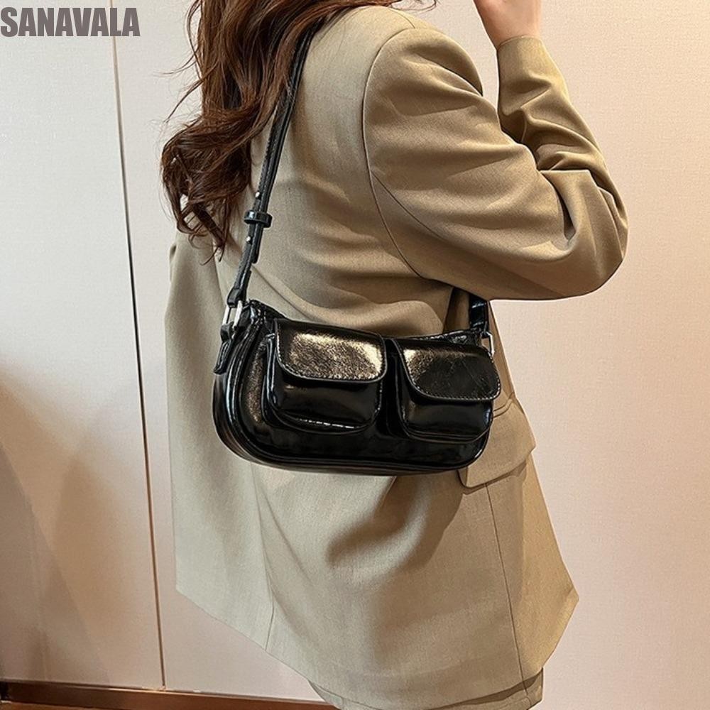 Sanavala กระเป๋าสะพายกระเป๋า, Y2K สายสะพายไหล่ปรับได้ PU หนังใต้วงแขนกระเป๋า, ซิปย้อนยุคสไตล์เกาหลีสีทึบผู้หญิงกระเป๋าถือเดินทาง