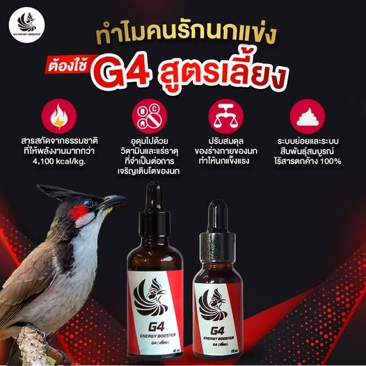 บำรุงนก G4 วิตามินนกหัวจุก วิตามินและแร่ธาตุที่จำเป็น วิตามินนก ทำให้นกแข็งแรง ไร้สารตกค้าง มี 2 สูตรเริ่ม 190 บ. ส่งฟรี