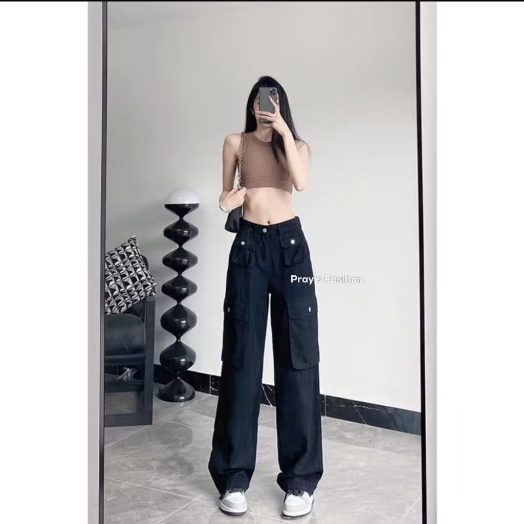 KS0125 Cargo Denim Sand White Highwaist Loose กางเกงยีนส์ผู้หญิงเกาหลี (Pictจริง) Cool