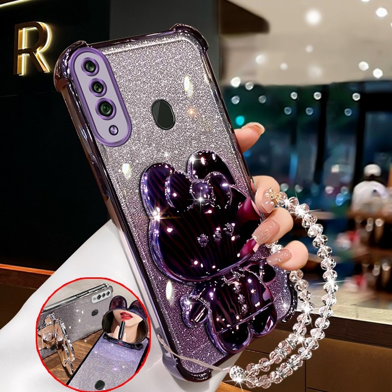 เคสสําหรับ SAMSUNG a20s เคสโทรศัพท์สีชมพูประกายกันกระแทก กระจกแต่งหน้ากระต่ายพร้อมที่วางซิลิโคน TPU เคสนิ่ม XXXDA