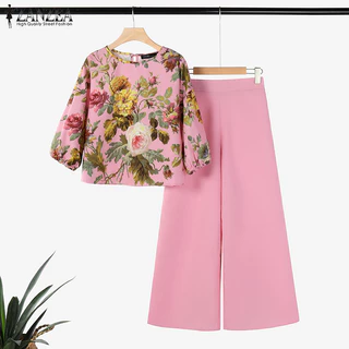 Zanzea เสื้อท็อป แขนทรงโคมไฟ ยืดหยุ่น พิมพ์ลาย กางเกง สไตล์วินเทจ สําหรับผู้หญิง