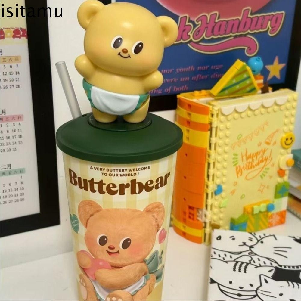 Isitaft ถ้วยฟางหมีเนย ความจุ 600 มล. ถ้วยฟางตุ๊กตาสูง 15 ซม. ถ้วยรูปแท้แบบถอดได้ การ์ตูน Butterbear Topper Cup Girl