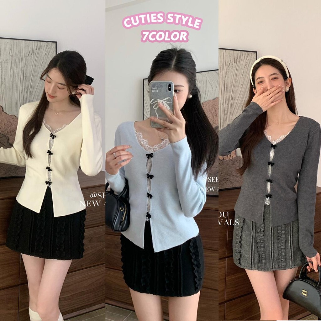 👚Anna👚ชุดตรุษจีนผู้หญิง Bow Knitting เสื้อสเวตเตอร์คอวีแขนยาวลูกไม้ปลอมสองชิ้นสำหรับผู้หญิง Z056 Women Clothing