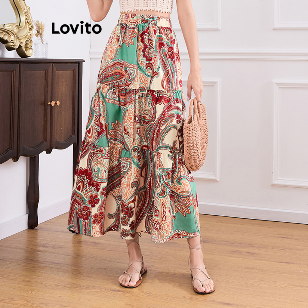 Lovito กระโปรงลายดอกไม้สไตล์โบฮีเมียนสำหรับผู้หญิง L113MD284