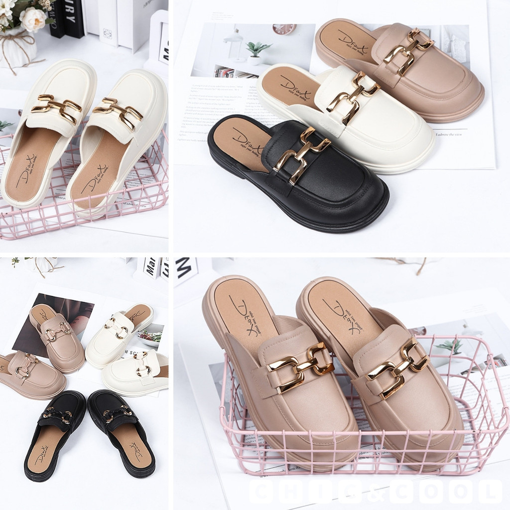 & รองเท้าคัชชูยาง ส้นแบน เปิดปลายเท้า รุ่นแต่งอะไหล่ห่วงไขว้ 3 สี (70)