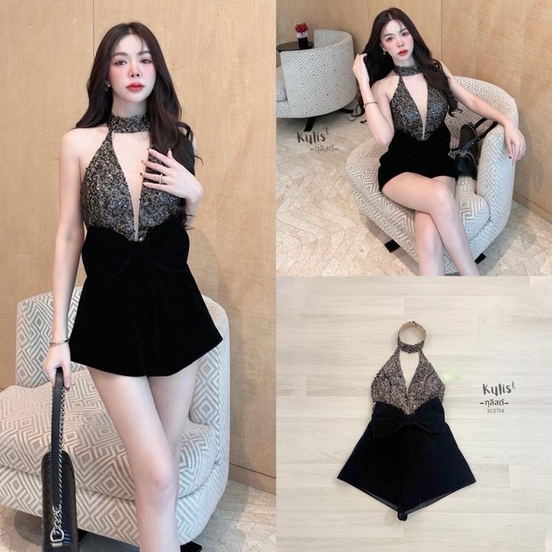 PD (พร้อมส่ง) Kulist28 Jumpsuit จั้มสูทขาสั้นผ้ากำมะหยี่โบว์ใหญ่ ปังมาก PD.shop