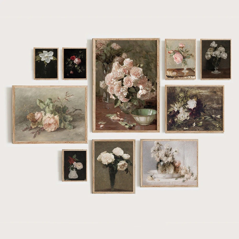 ภาพวาดย้อนยุค French Flora Vintage โปสเตอร์และพิมพ์ Victorian Still Life ดอกไม้ Rose ผ้าใบภาพวาด Decoraiton ห้องนั่งเล่น