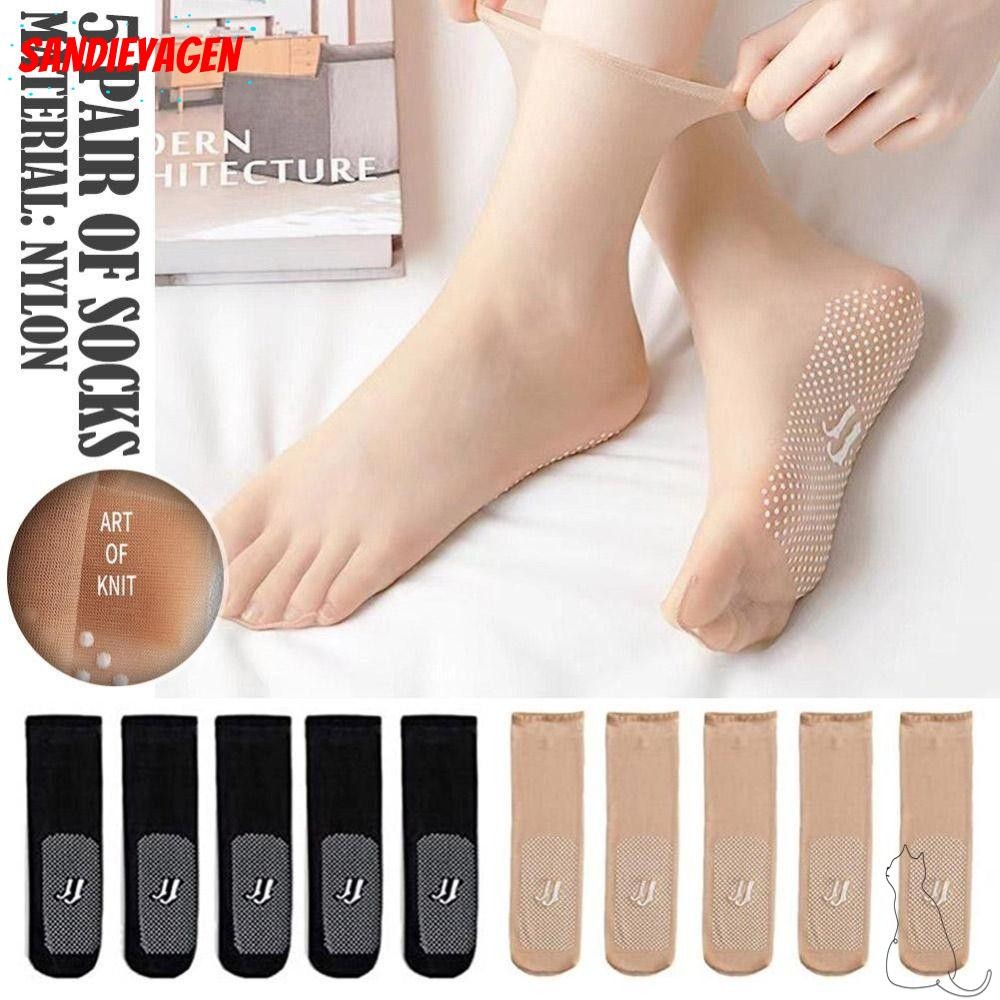 Sandieyean 5 คู่ที่มองไม่เห็นถุงเท้าผ้าไหมคริสตัลไนลอนนวดด้านล่างลื่นผ้าไหม Sheer ถุงเท้าข้อเท้า