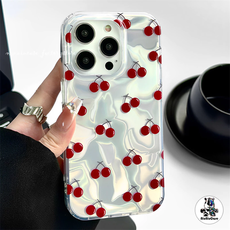 แฟชั่น เชอร์รี่🍒 เคสโทรศัพท์ For IPhone 12 13 15 16 11 14 Pro Max XR X 7 6S 8 6Plus XS Max SE เลเซอร์ แวววาว ตลกดีนะ เคส