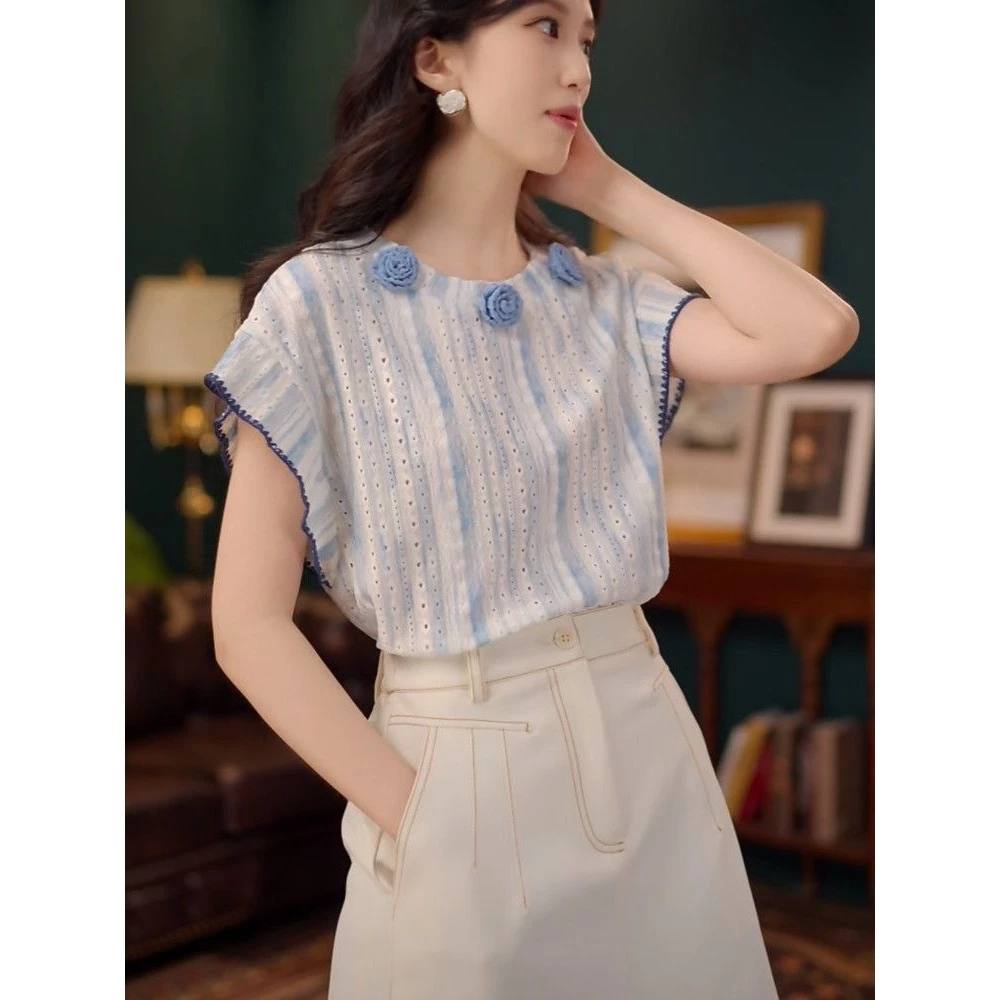 เสื้อแขนสั้นลายดอกไม้ สไตล์เกาหลี สำหรับสุภาพสตรี ไซส์ S-XL thumbnail 4