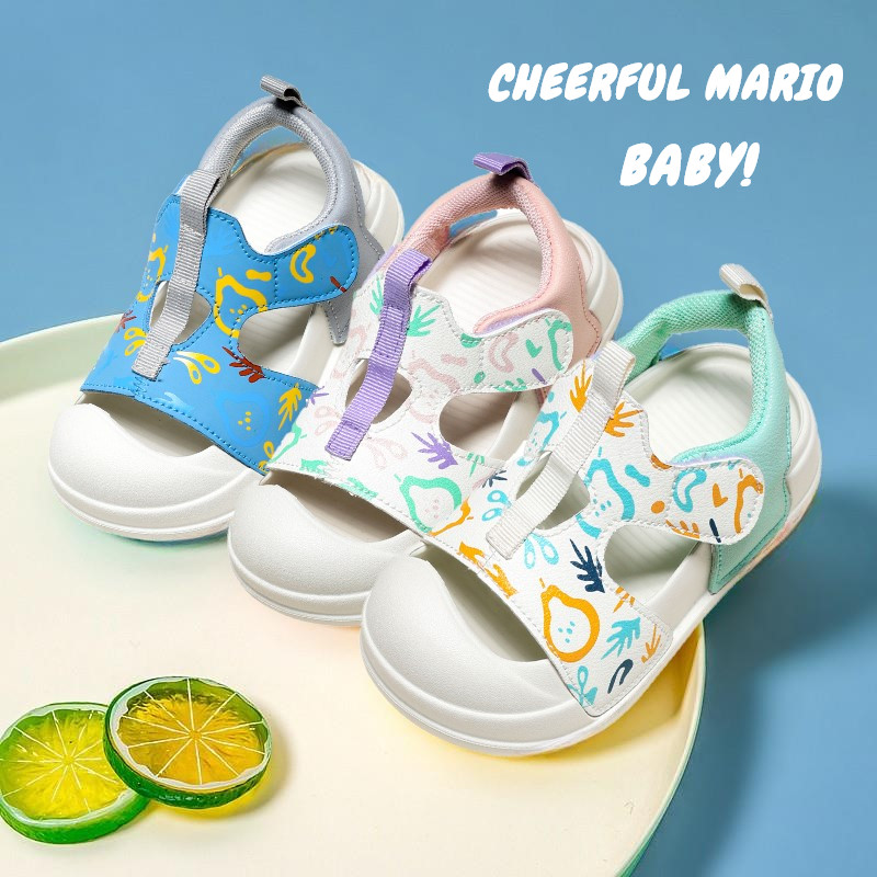 Cheerful Mario 14-19ซม ลองเท้าเด็ก พิมพ์ผลไม้การ์ตูน รองเท้าแตะเด็กหัดเดิน กันน้
