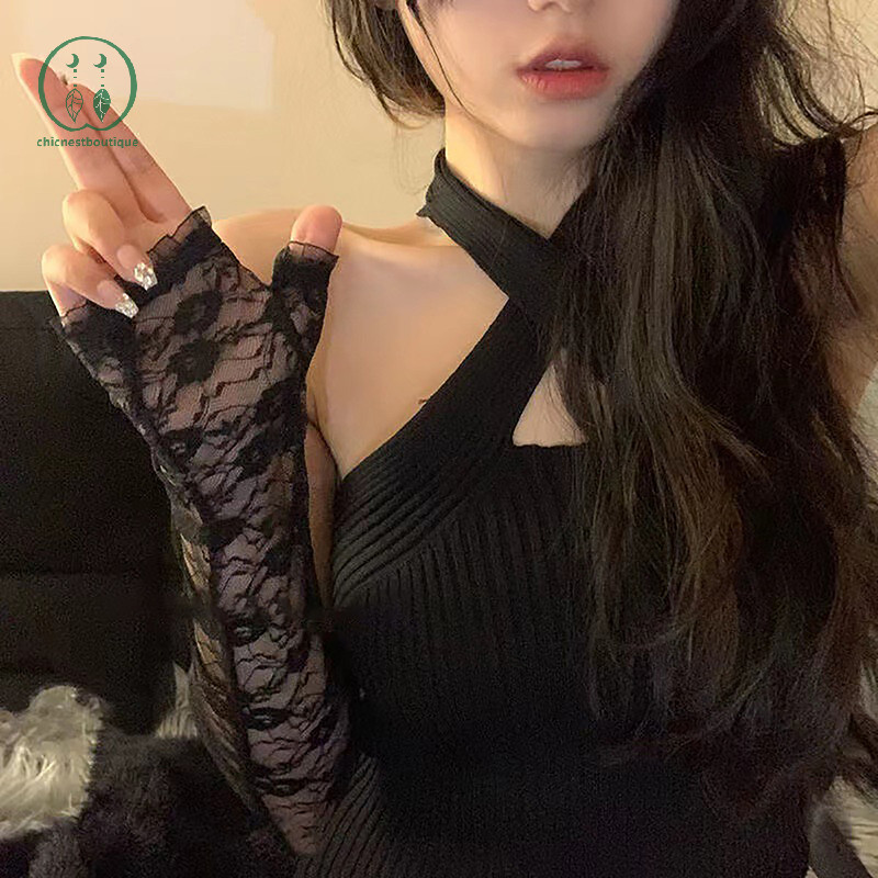 [Chicnest] ชุดอุปกรณ์เสริมผู้หญิงแขนอุ่นเซ็กซี่ถุงมือแขนยืดหยุ่น Passion Lolita Gothic Fingerless Retro ตาข่ายดอกไม้ถุงมือลูกไม้ Boutique